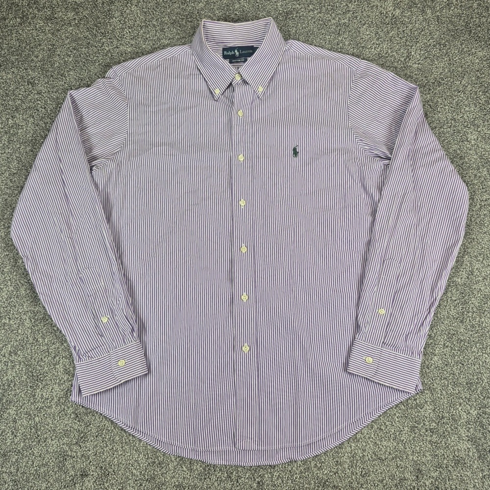 Ralph Lauren Button Down Shirt Mens Large Purple Striped Custom Fit Long Sleeve